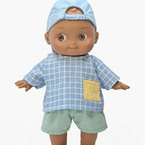 Noah, poupon Mini Pancha et son ensemble d'écolier à carreaux bleu / blanc